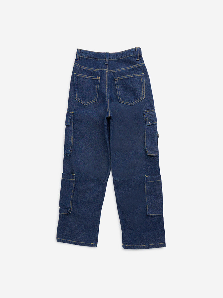 Y&F Kids Dark Blue Cargo-Style Straight - Fit Mid - Rise Jeans