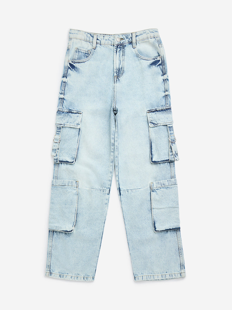 Y&F Kids Light Blue Cargo-Style Relaxed - Fit High - Rise Jeans