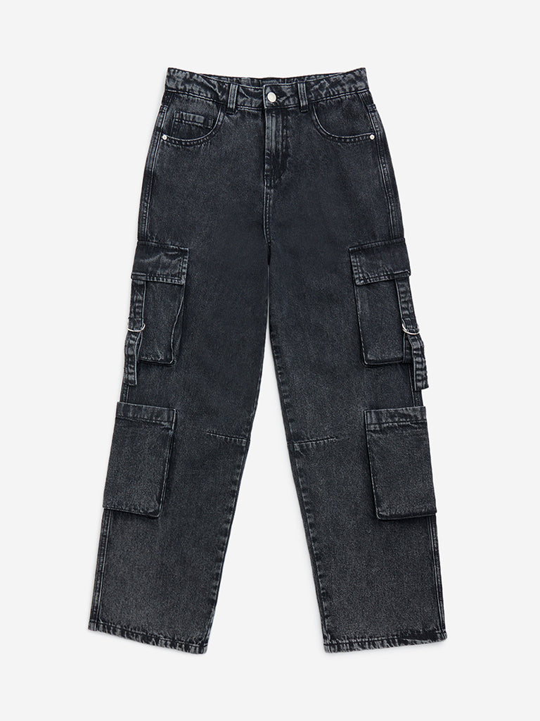 Y&F Kids Charcoal Cargo-Style Straight - Fit High - Rise Jeans