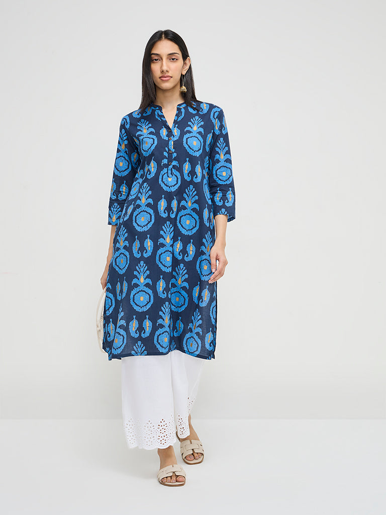 Utsa Blue Ikat Printed Straight Cotton Kurta