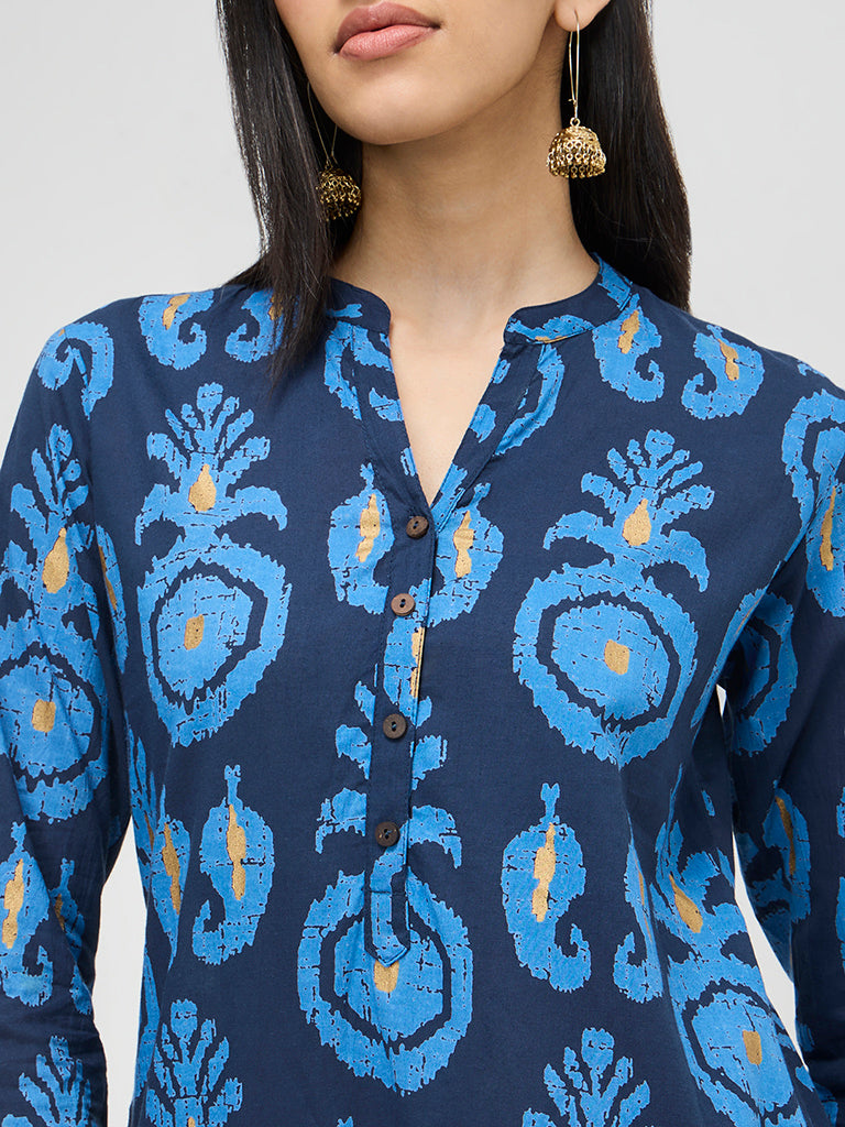 Utsa Blue Ikat Printed Straight Cotton Kurta