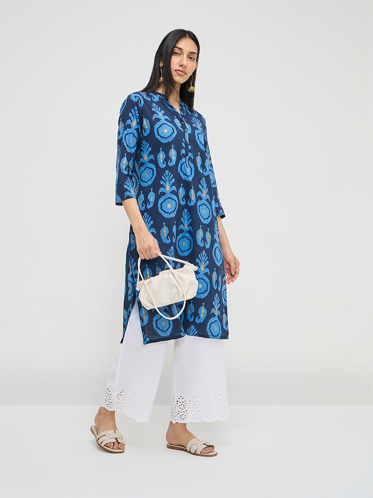 Utsa Blue Ikat Printed Straight Cotton Kurta