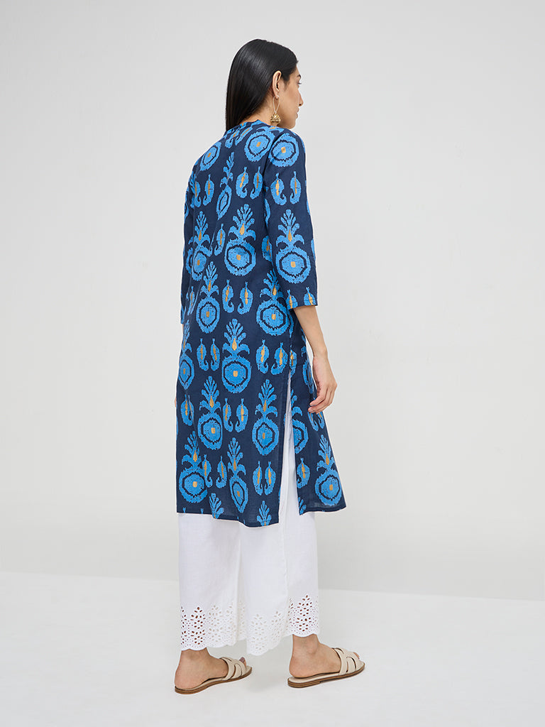 Utsa Blue Ikat Printed Straight Cotton Kurta