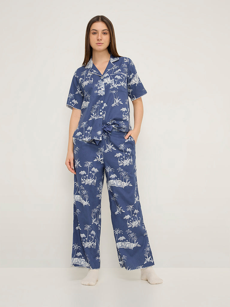 Wunderlove Blue Tropical Print Cotton Shirt and Pyjamas Set