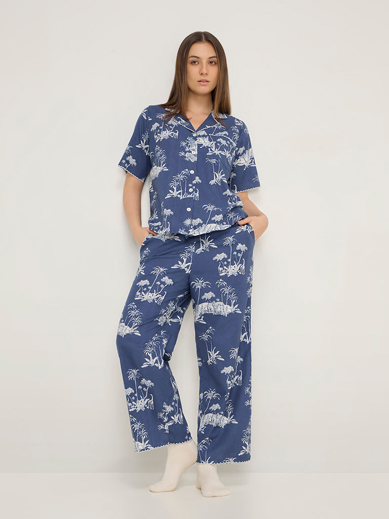 Wunderlove Blue Tropical Print Cotton Shirt and Pyjamas Set