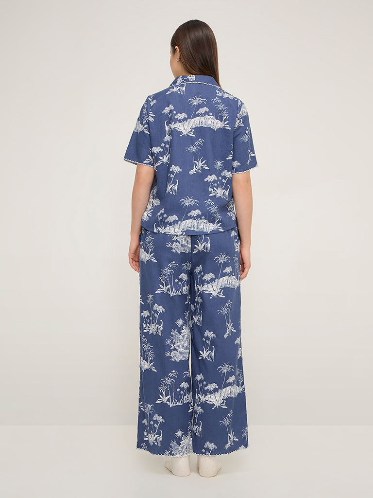 Wunderlove Blue Tropical Print Cotton Shirt and Pyjamas Set