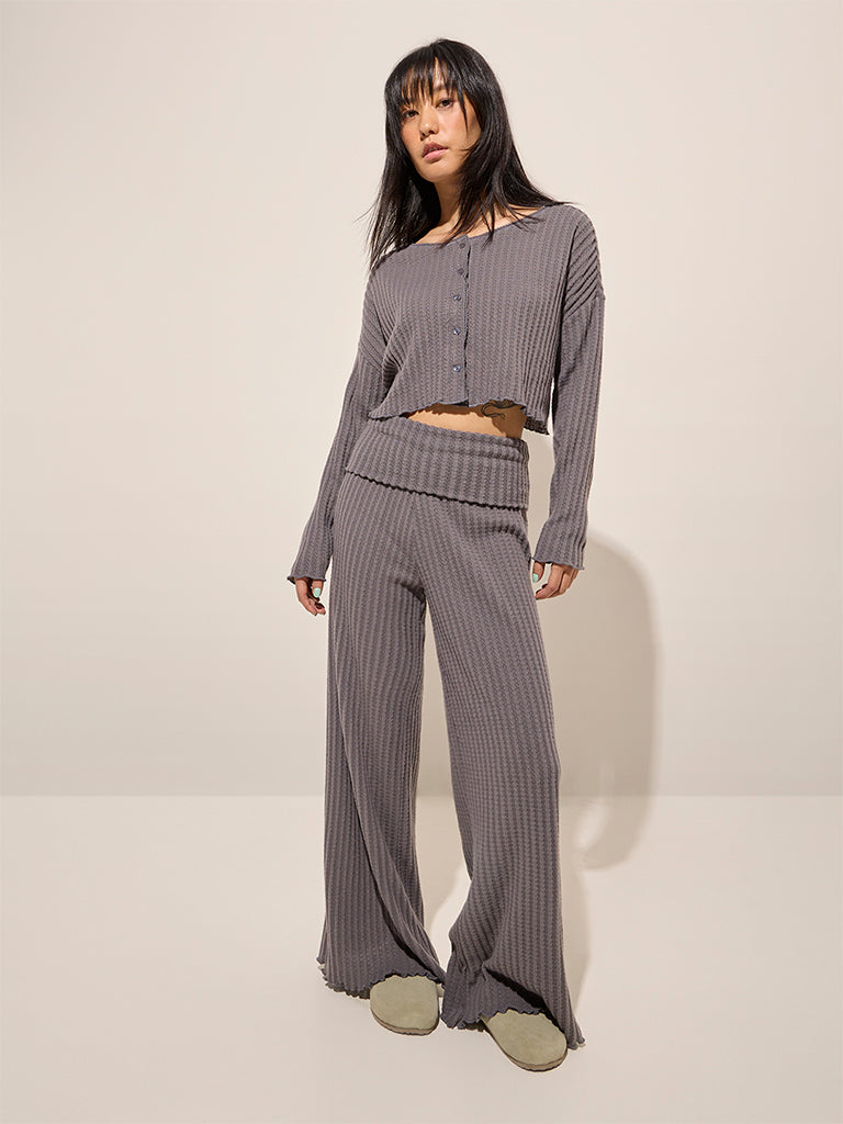 Superstar Grey Self-Striped High-Rise Pants