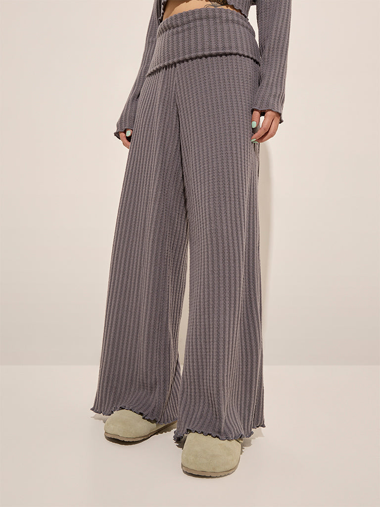 Superstar Grey Self-Striped High-Rise Pants