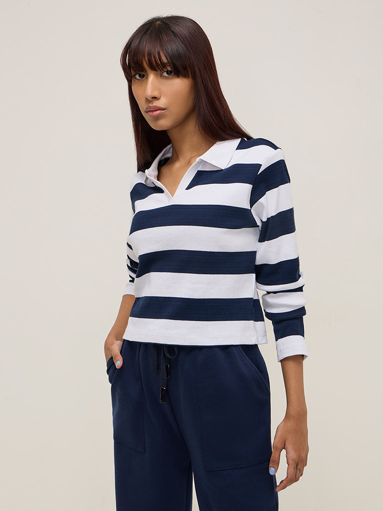 Studiofit Navy Striped Ribbed Cotton Blend T-Shirt