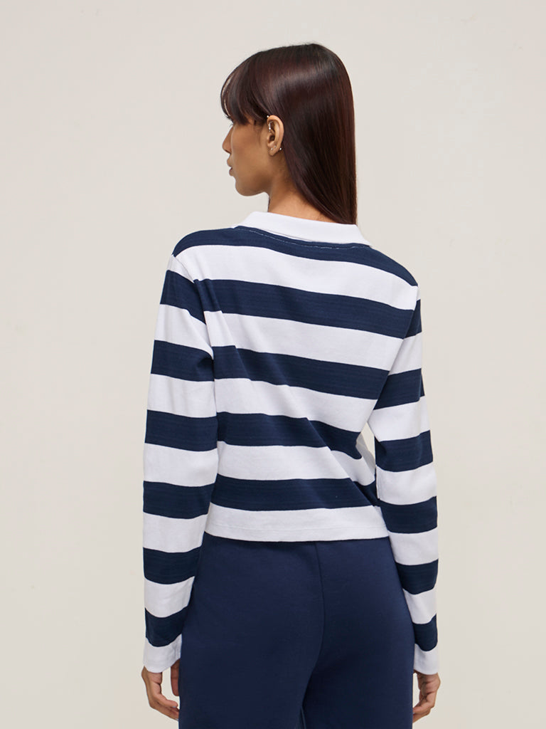 Studiofit Navy Striped Ribbed Cotton Blend T-Shirt