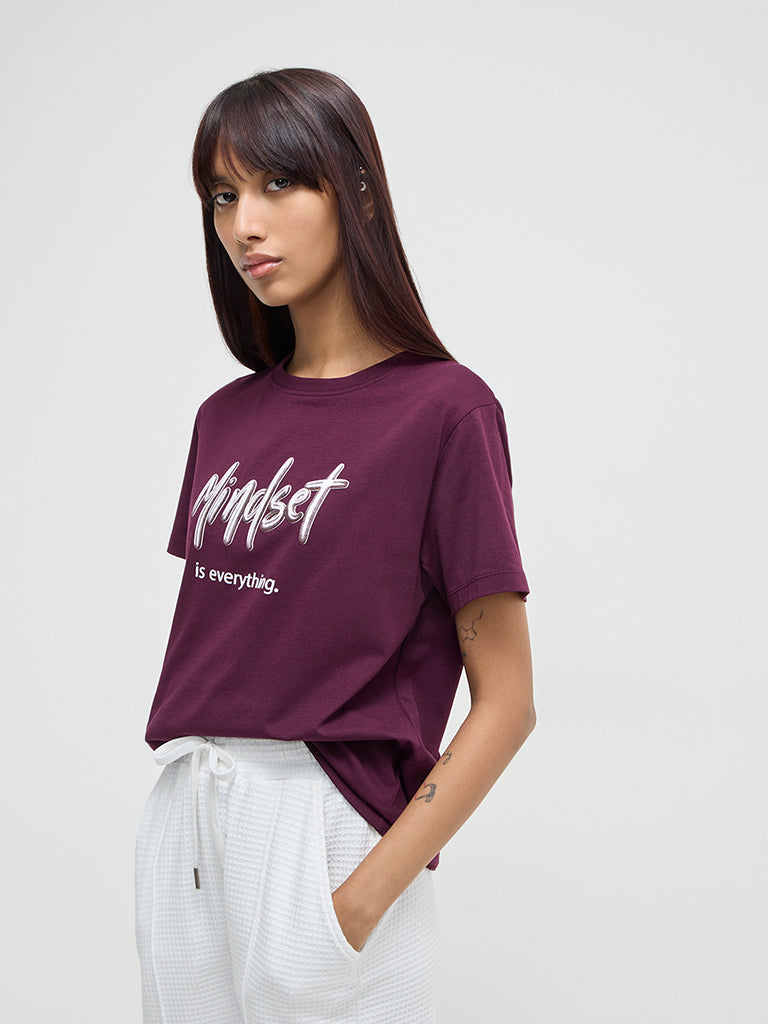 Studiofit Wine Text Printed Cotton T-Shirt