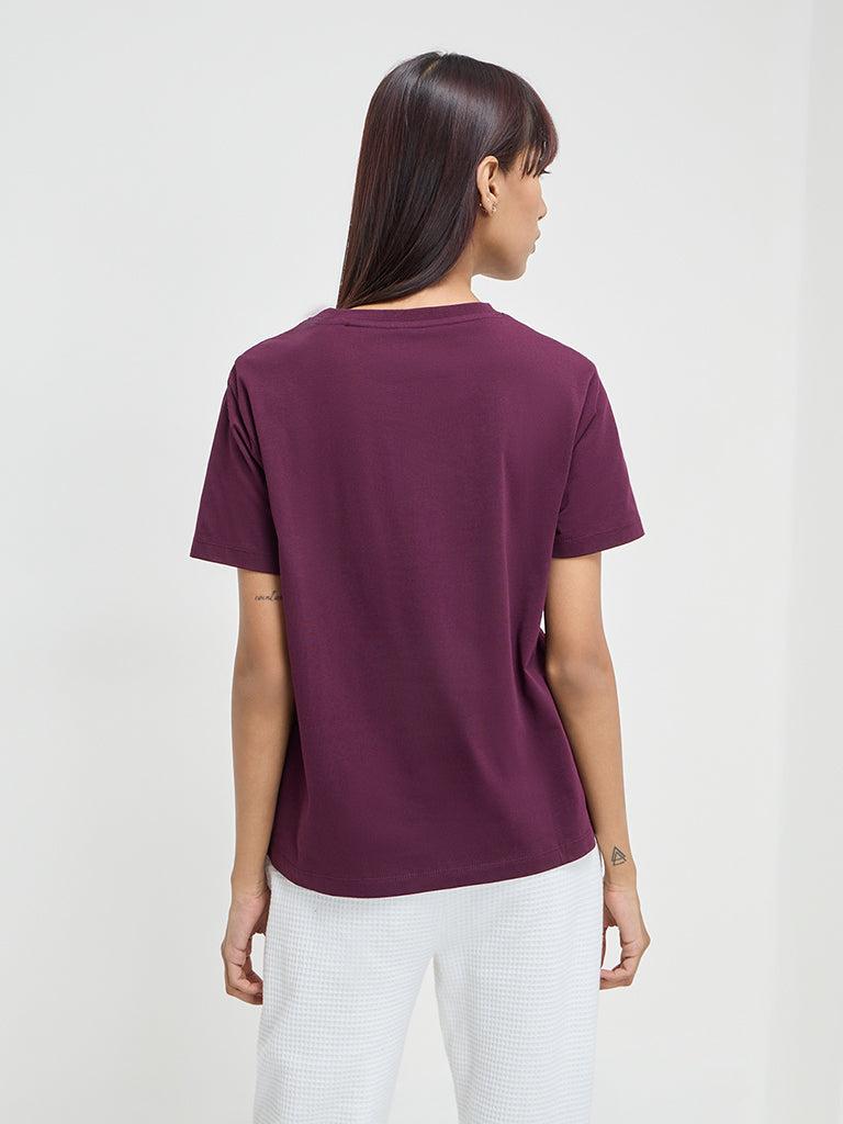 Studiofit Wine Text Printed Cotton T-Shirt