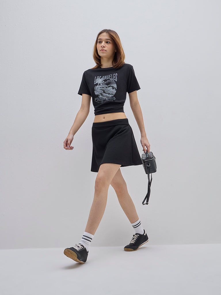 Studiofit Black Printed Cotton T-Shirt