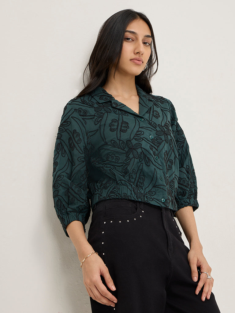 LOV Teal Floral Embroidered Cotton Shirt