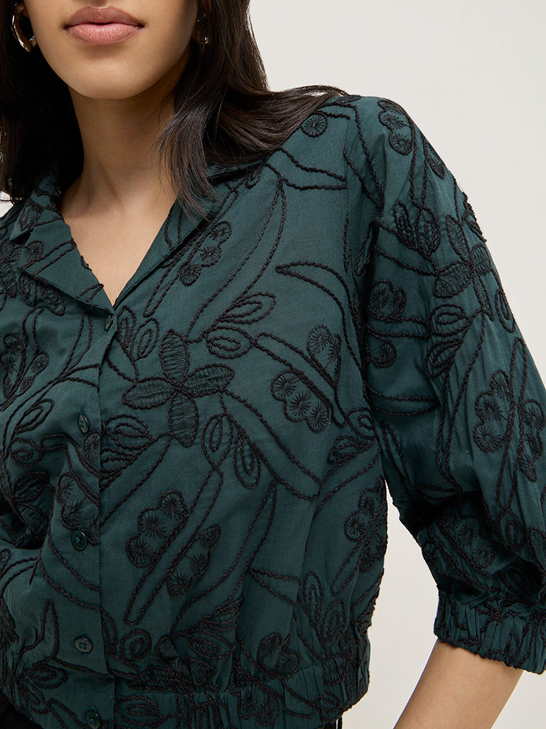 LOV Teal Floral Embroidered Cotton Shirt