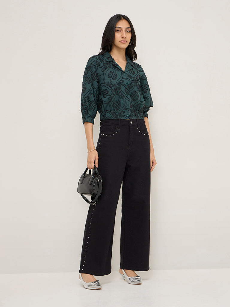 LOV Teal Floral Embroidered Cotton Shirt