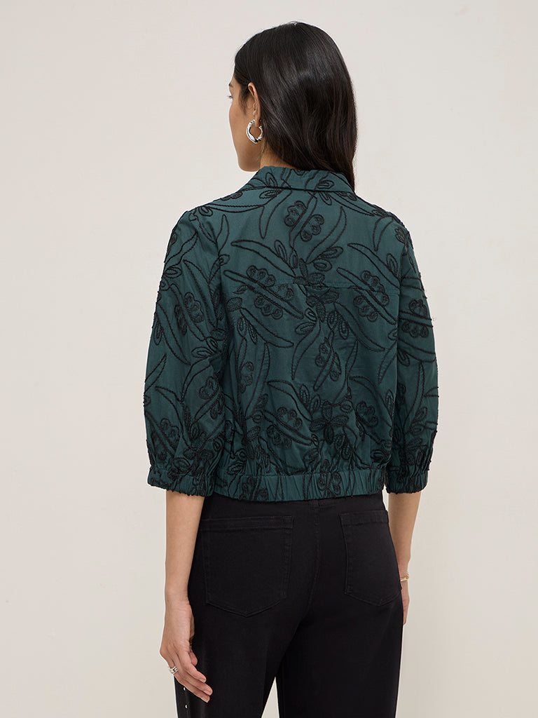 LOV Teal Floral Embroidered Cotton Shirt