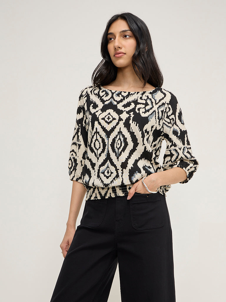 LOV Black Ikat Printed Top