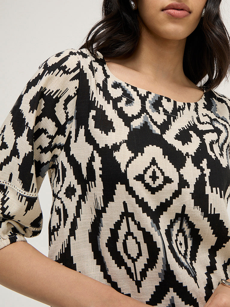 LOV Black Ikat Printed Top