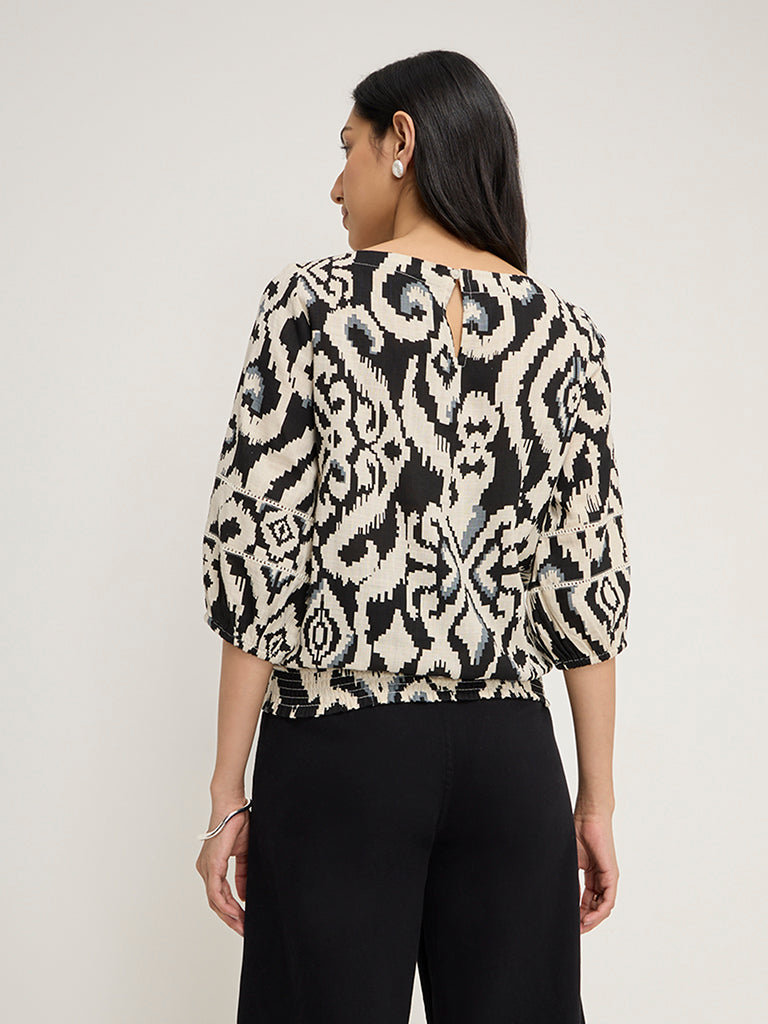 LOV Black Ikat Printed Top