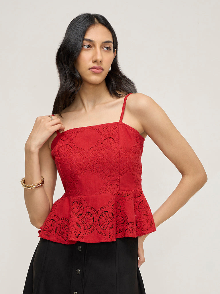 LOV Red Lace Design Peplum Top