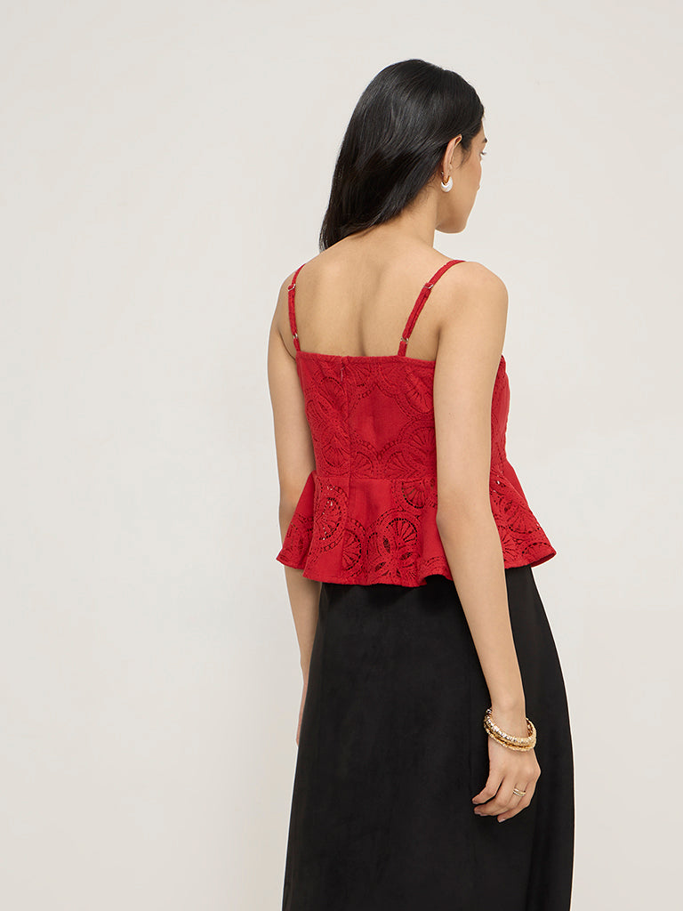 LOV Red Lace Design Peplum Top