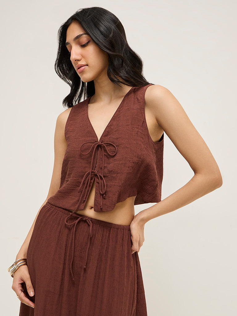 LOV Brown Crinkle-Textured Waistcoat-Style Top