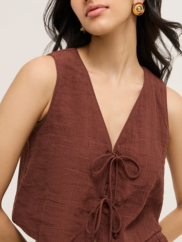 LOV Brown Crinkle-Textured Waistcoat-Style Top