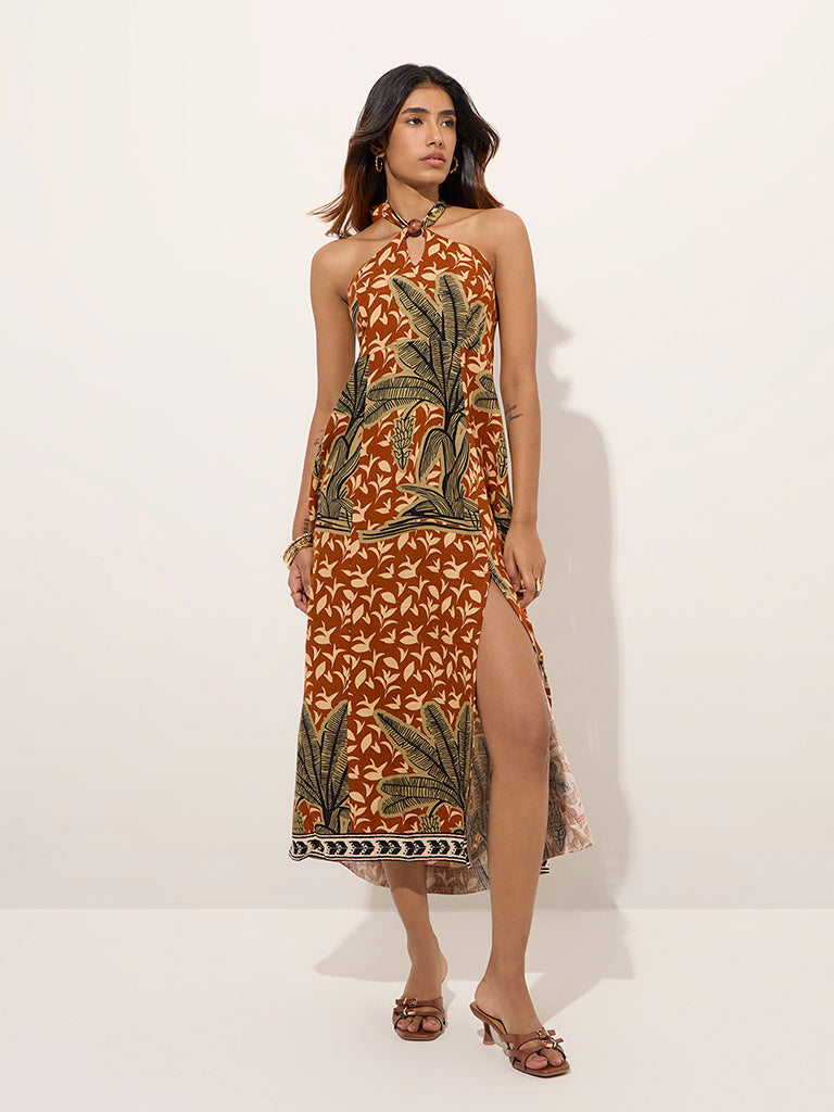 LOV Brown Tropical Printed A-Line Dress