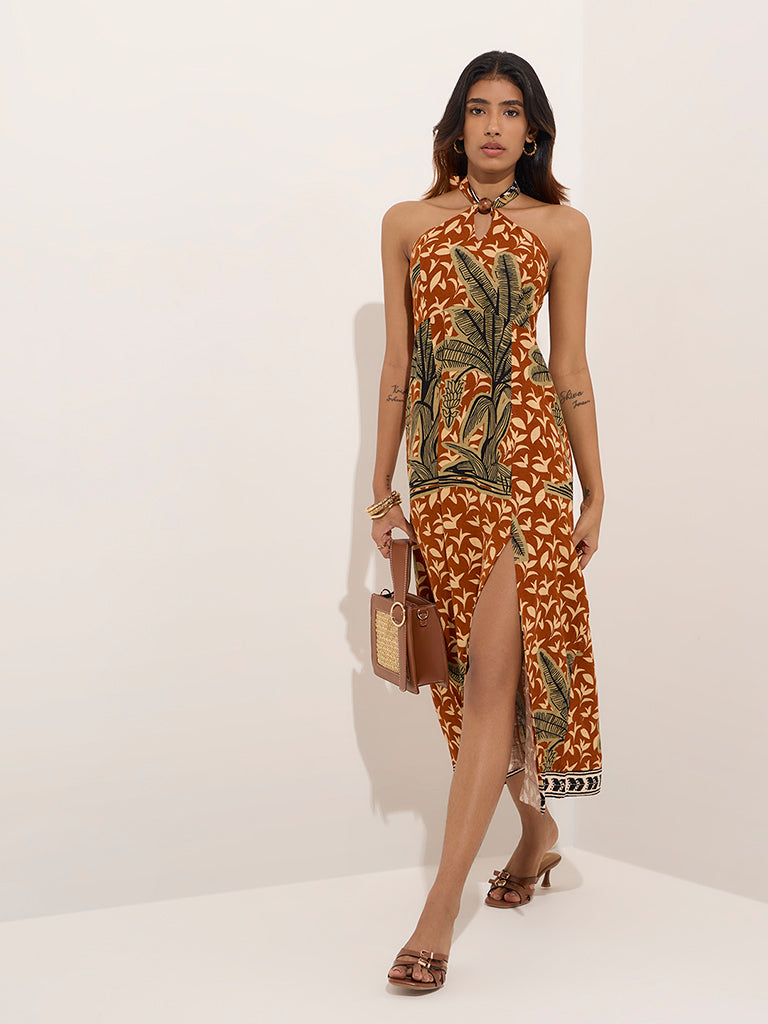 LOV Brown Tropical Printed A-Line Dress