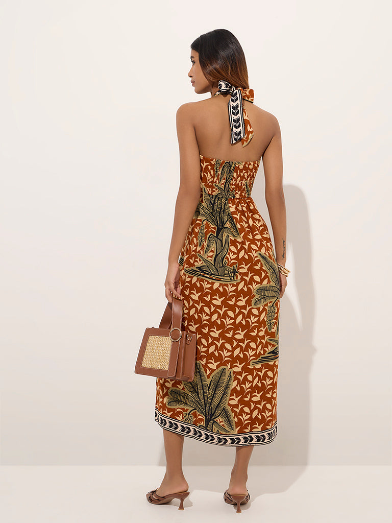 LOV Brown Tropical Printed A-Line Dress