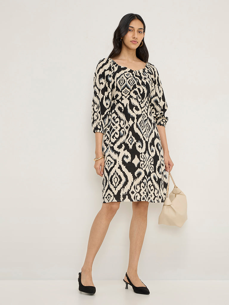 LOV Black Ikat Design Cotton Blend A-Line Dress