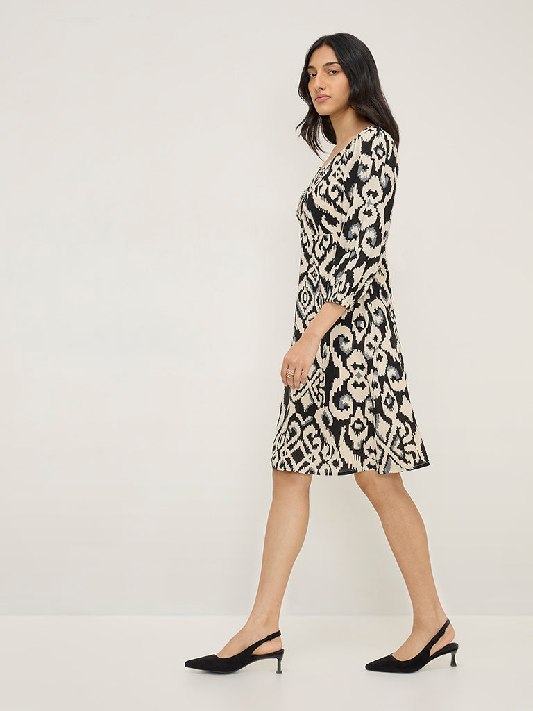 LOV Black Ikat Design Cotton Blend A-Line Dress