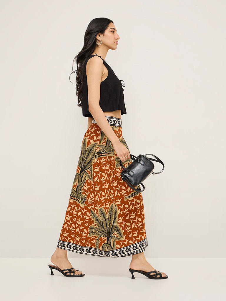 LOV Rust Leaf Design High-Rise Skirt