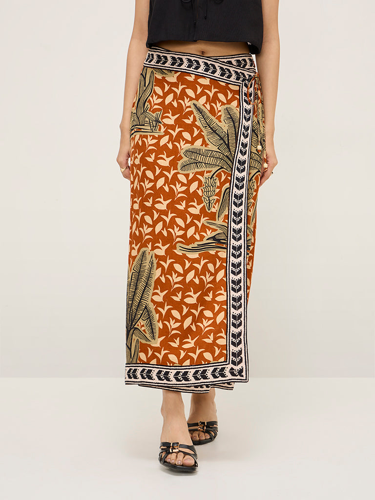 LOV Rust Leaf Design High-Rise Skirt