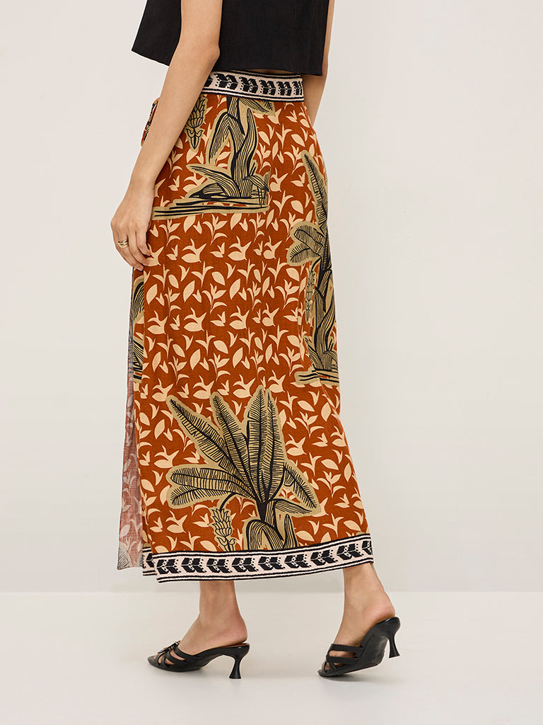 LOV Rust Leaf Design High-Rise Skirt