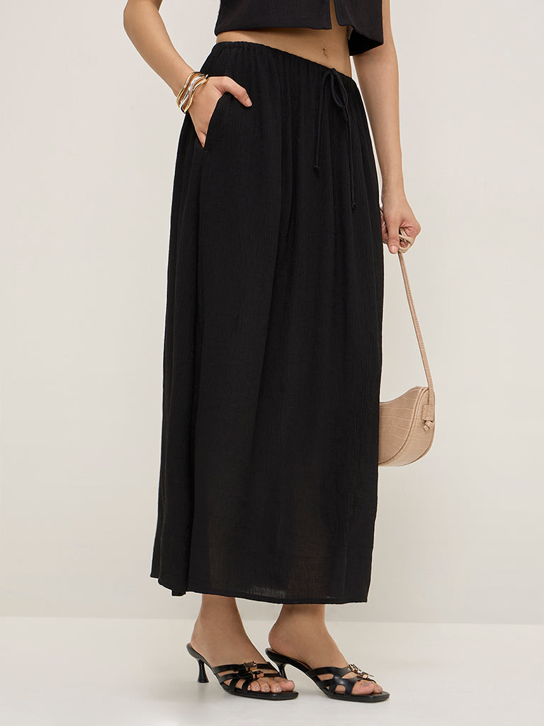 LOV Black Textured High-Rise A-Line Skirt