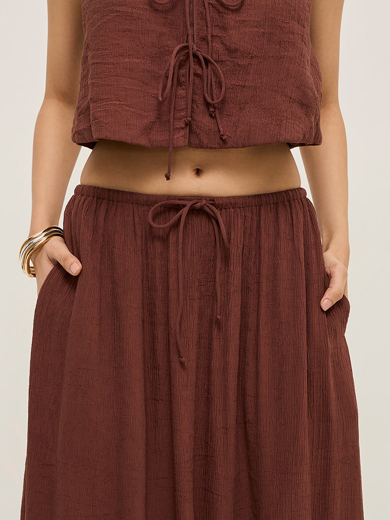 LOV Brown Crinkle Textured High-Rise Maxi Skirt