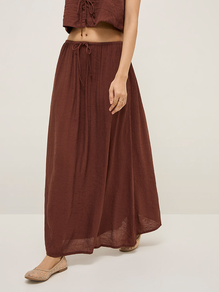 LOV Brown Crinkle Textured High-Rise Maxi Skirt