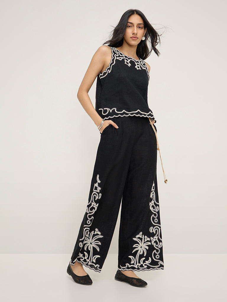 LOV Black Crochet-Detailed Wide-Leg High-Rise Pants