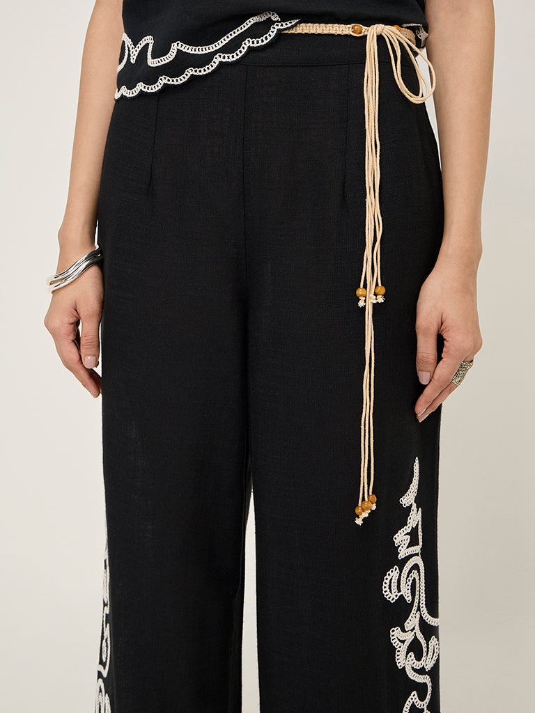 LOV Black Crochet-Detailed Wide-Leg High-Rise Pants