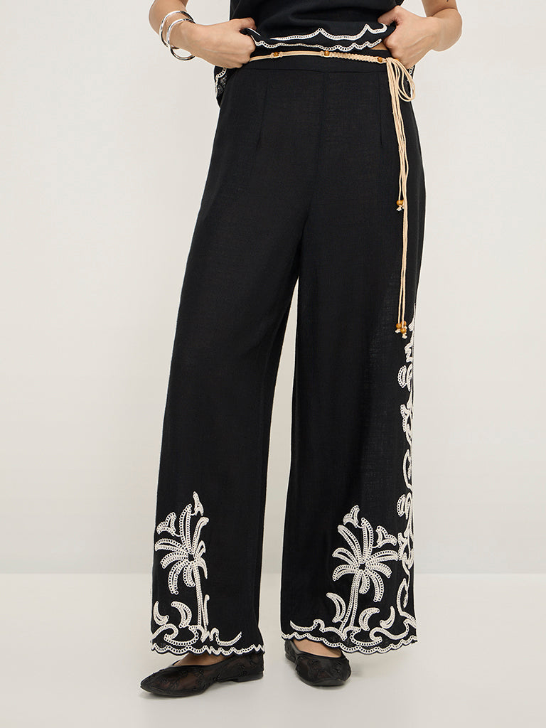 LOV Black Crochet-Detailed Wide-Leg High-Rise Pants