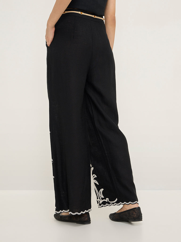 LOV Black Crochet-Detailed Wide-Leg High-Rise Pants