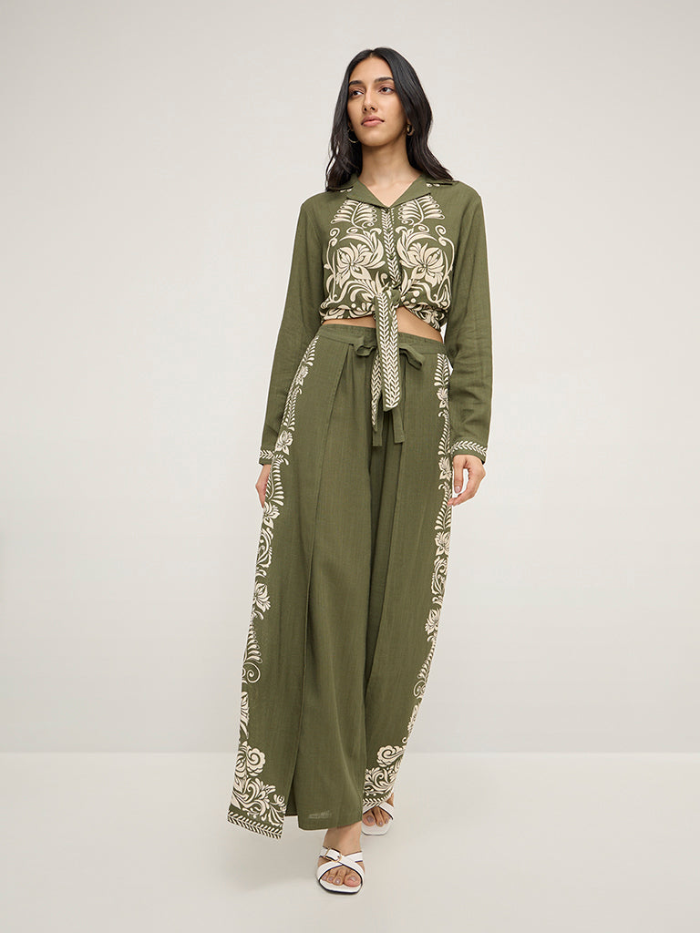 LOV Olive Floral Printed High-Rise Palazzos