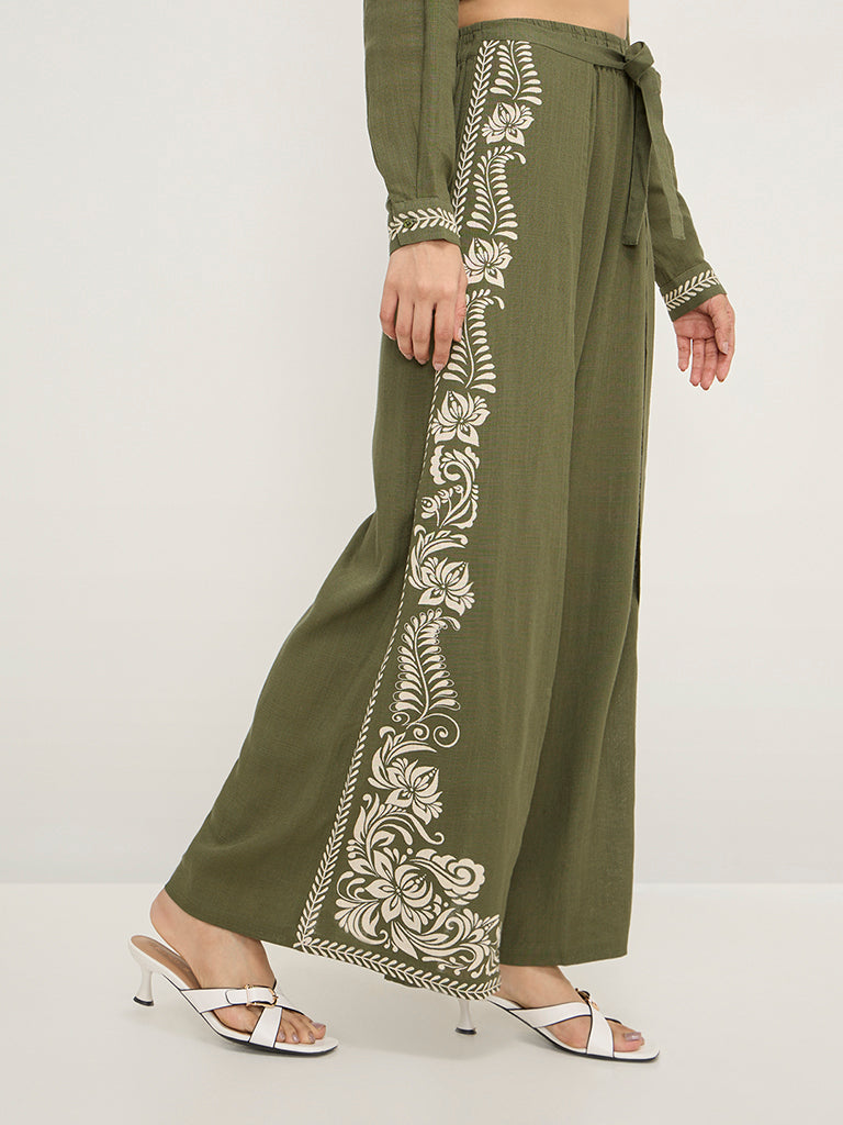 LOV Olive Floral Printed High-Rise Palazzos