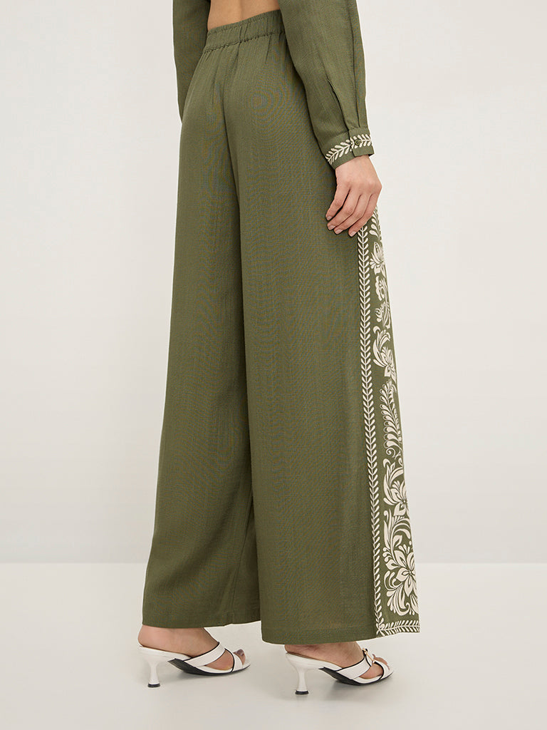 LOV Olive Floral Printed High-Rise Palazzos