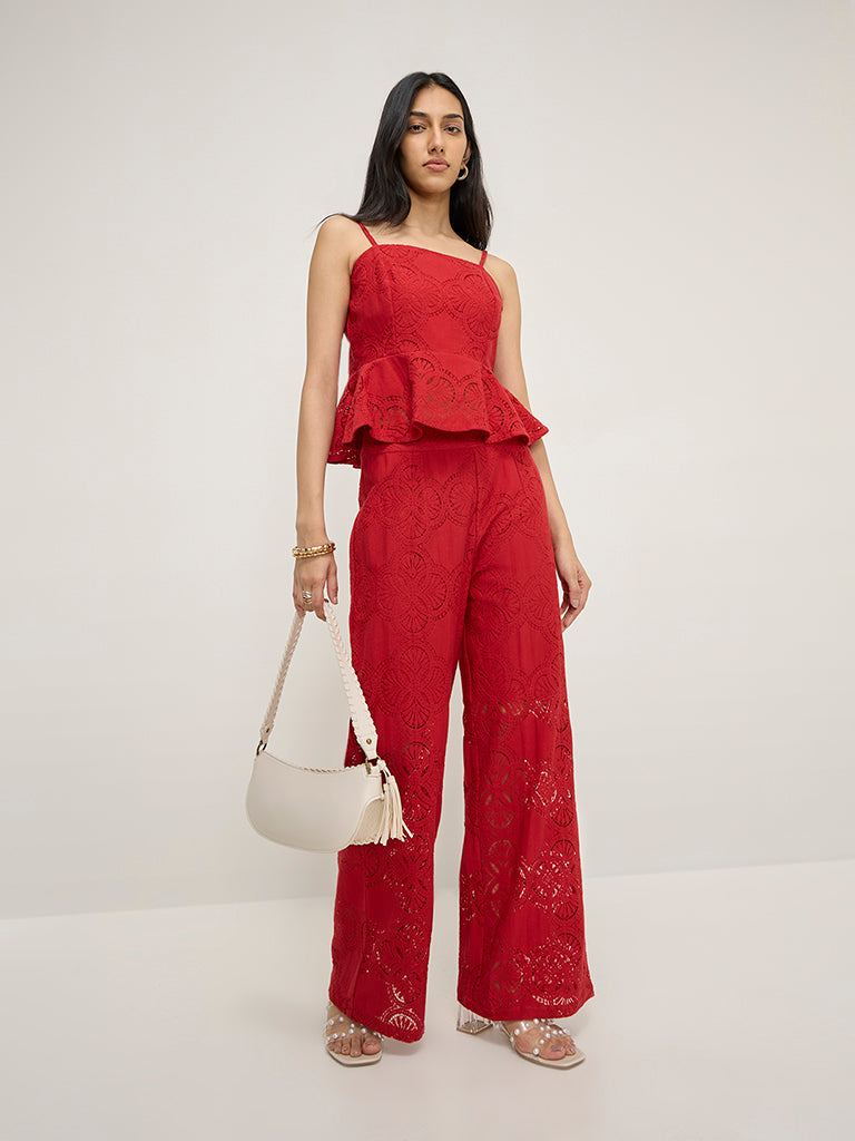 LOV Red Lace Detailed High-Rise Trousers