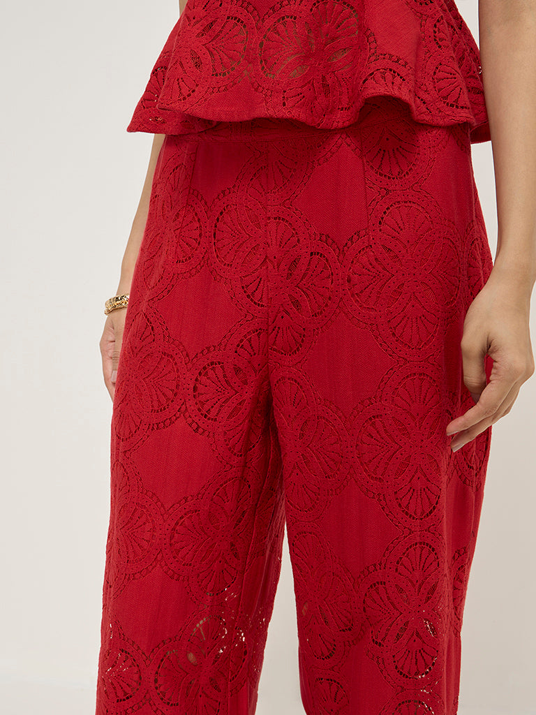 LOV Red Lace Detailed High-Rise Trousers