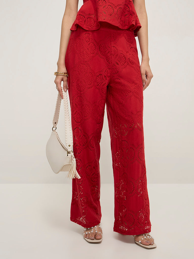 LOV Red Lace Detailed High-Rise Trousers