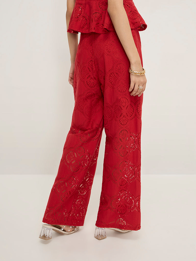 LOV Red Lace Detailed High-Rise Trousers